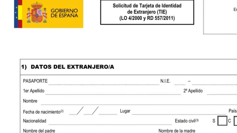 Imagen que muestra parte del formulario de solicitud de la tarjeta de Identidad de extranjero (TIE)